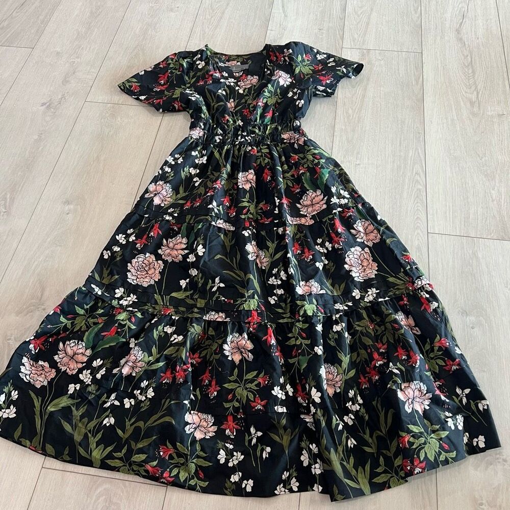 Anthropologie Black Floral Tiered Midi Dress